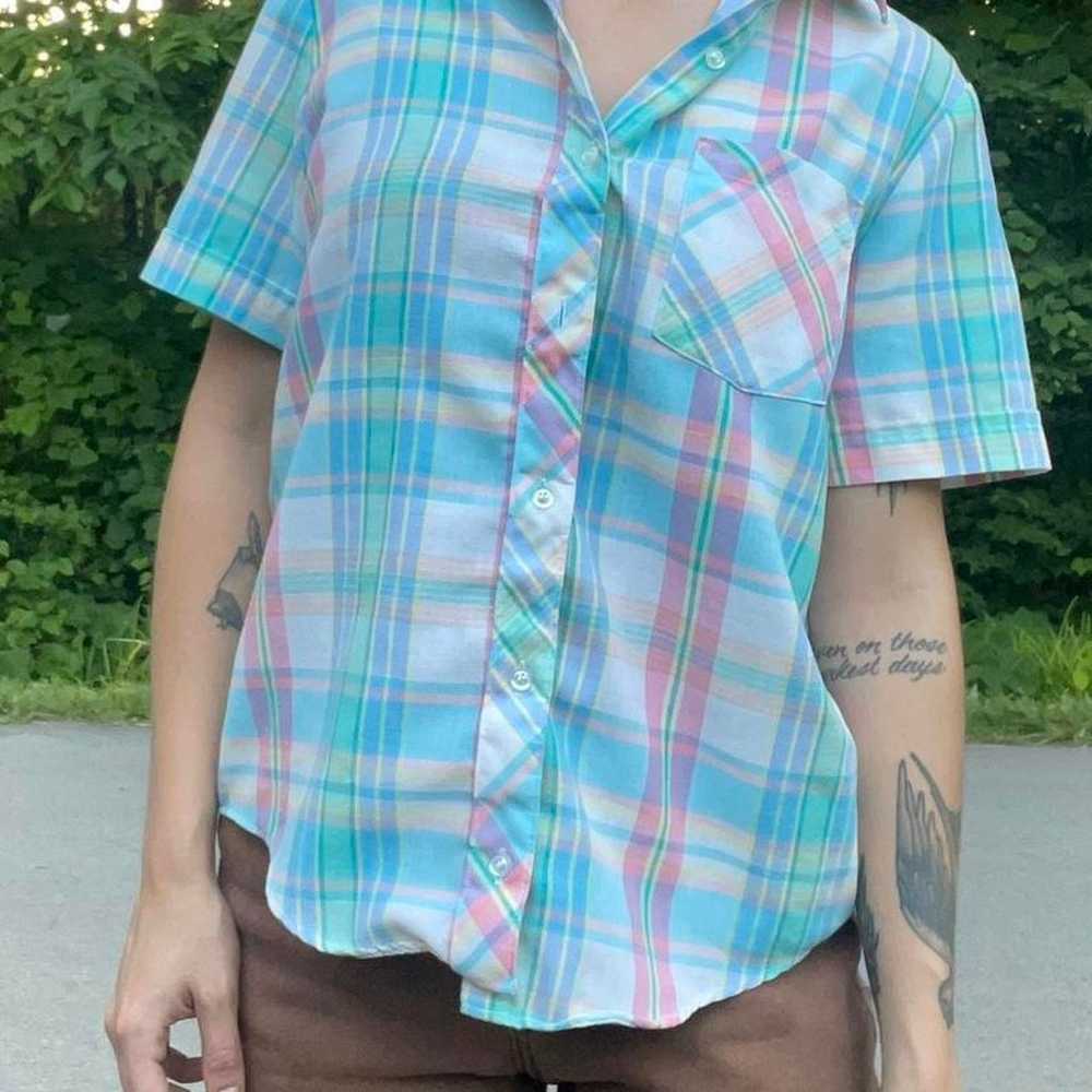 80s pastel plaid button down shirt - image 3