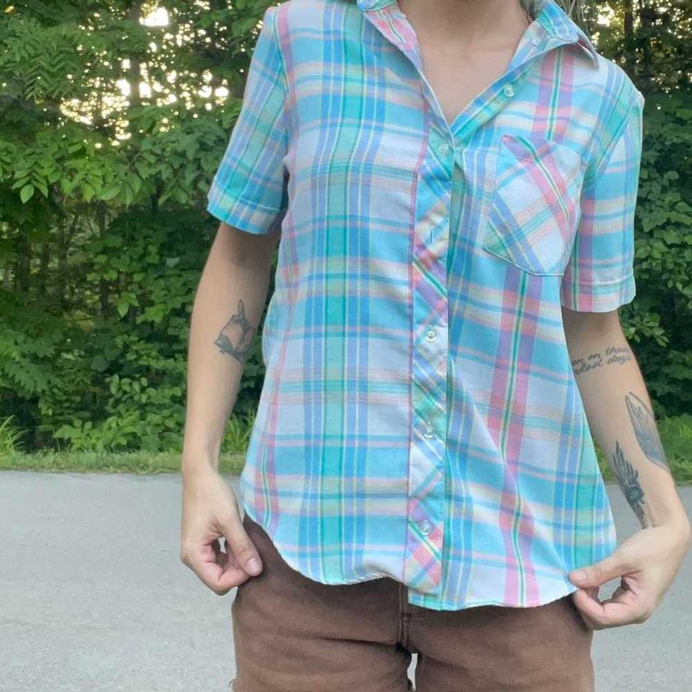 80s pastel plaid button down shirt - image 4