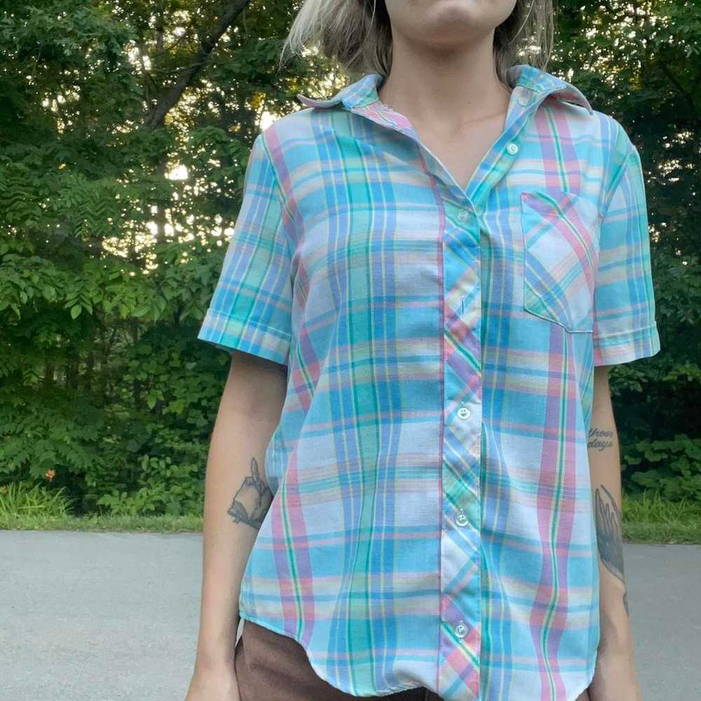 80s pastel plaid button down shirt - image 5