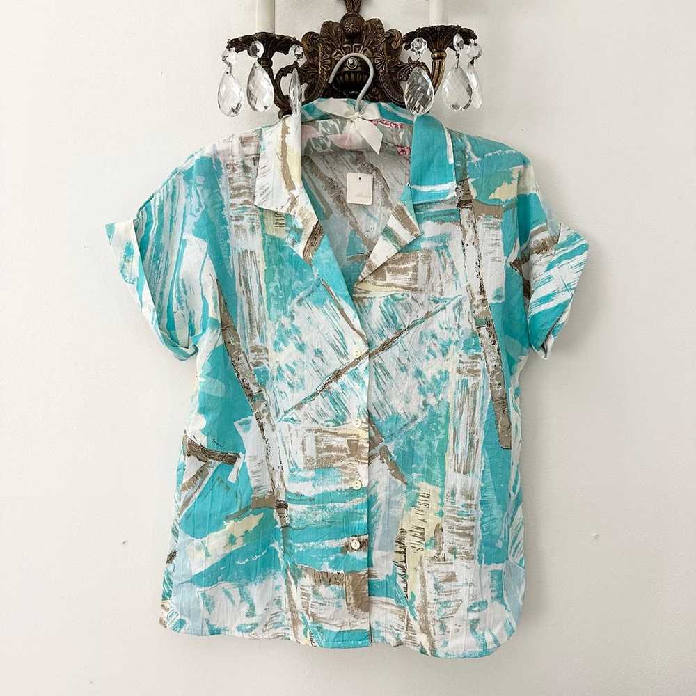 1980s Vintage Funky Blue Button Up Blouse - image 1