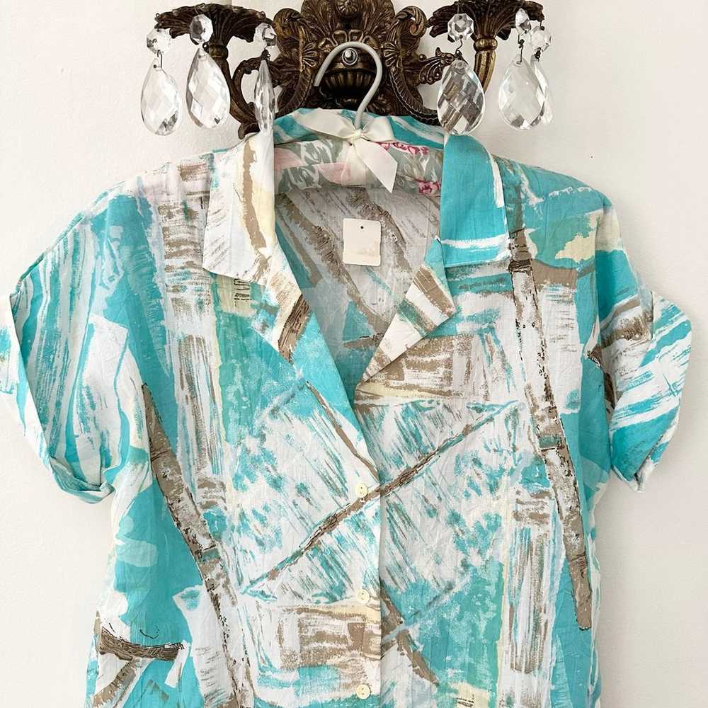 1980s Vintage Funky Blue Button Up Blouse - image 2