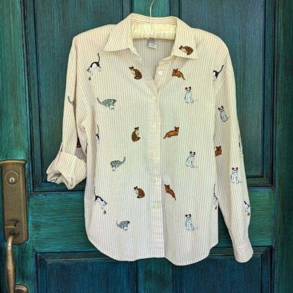 VTG Cat Kawaii Embroidered Button Up Shirt - image 1