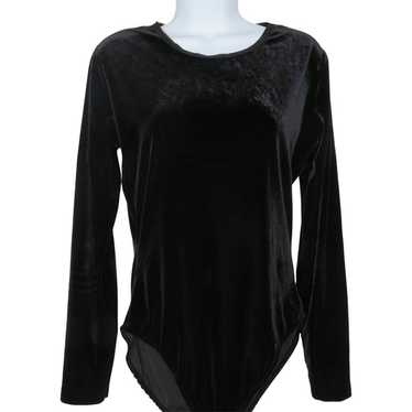 Vintage HUE Velour Bodysuit M Black Long Sleeve Sc