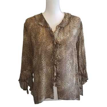 Vintage 90s Leopard Print Sheer Silk Blouse Ruffl… - image 1