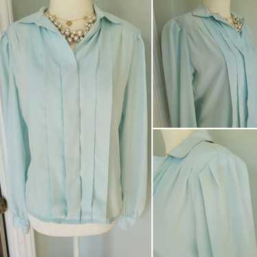 Vintage 80s Nicola Paneled Satin Blouse Pale Baby… - image 1