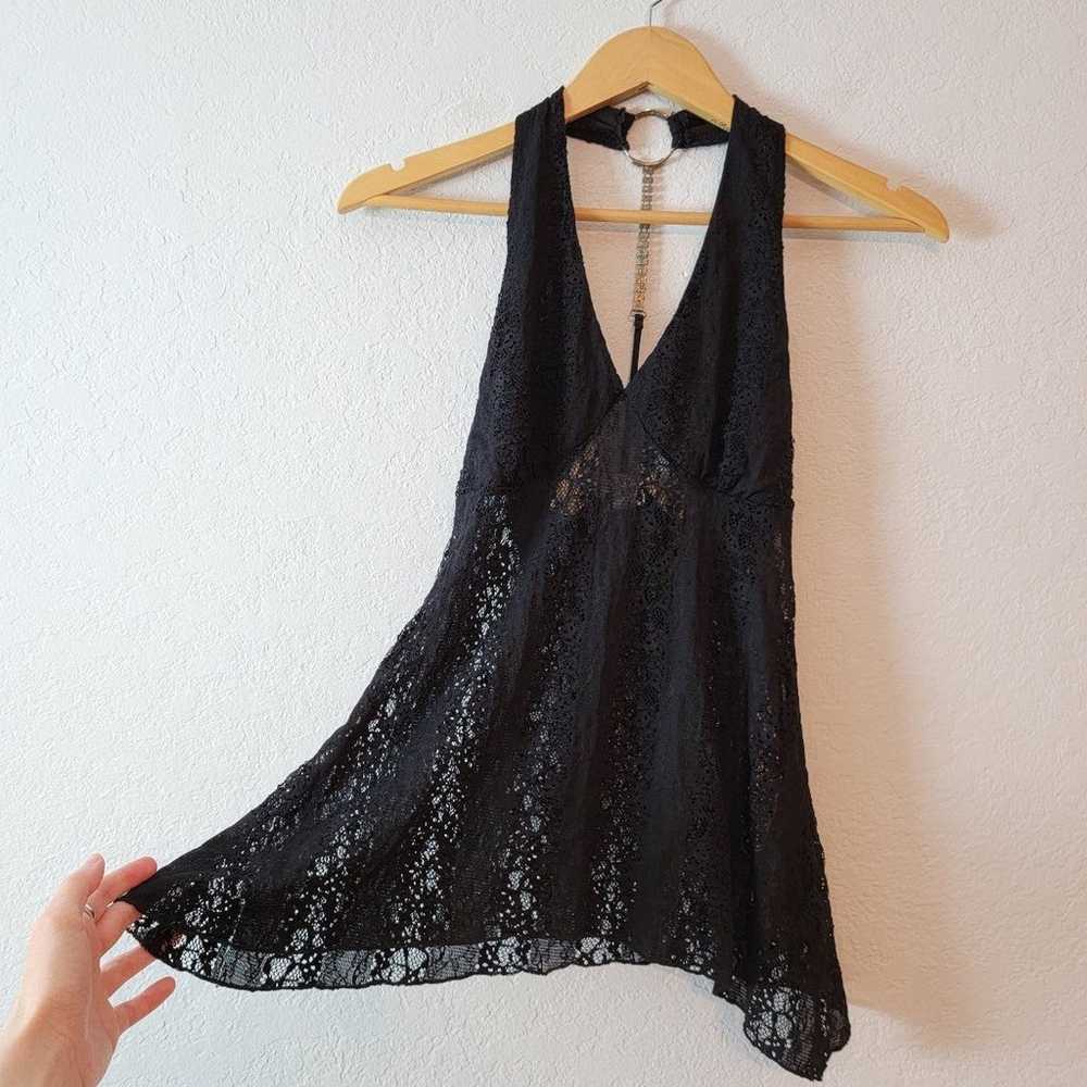 Vintage Black 90s Rhinestone Lace Gothic Halter T… - image 2