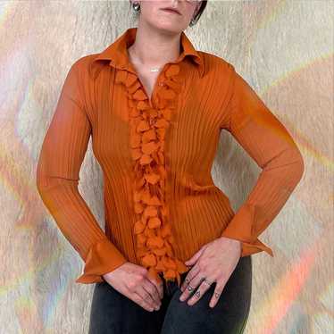 Vintage 90s Autumn Orange Accordion Frill Blouse - image 1