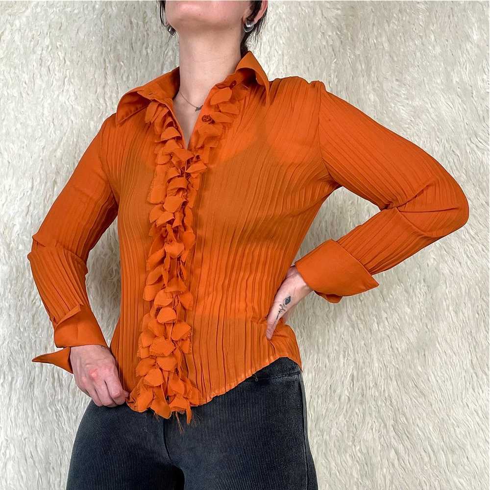 Vintage 90s Autumn Orange Accordion Frill Blouse - image 2