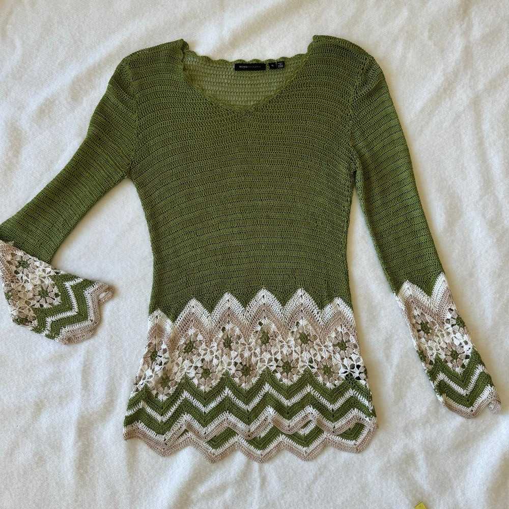 Vintage BCBG Crochet Green Top Sweather Size S - image 3