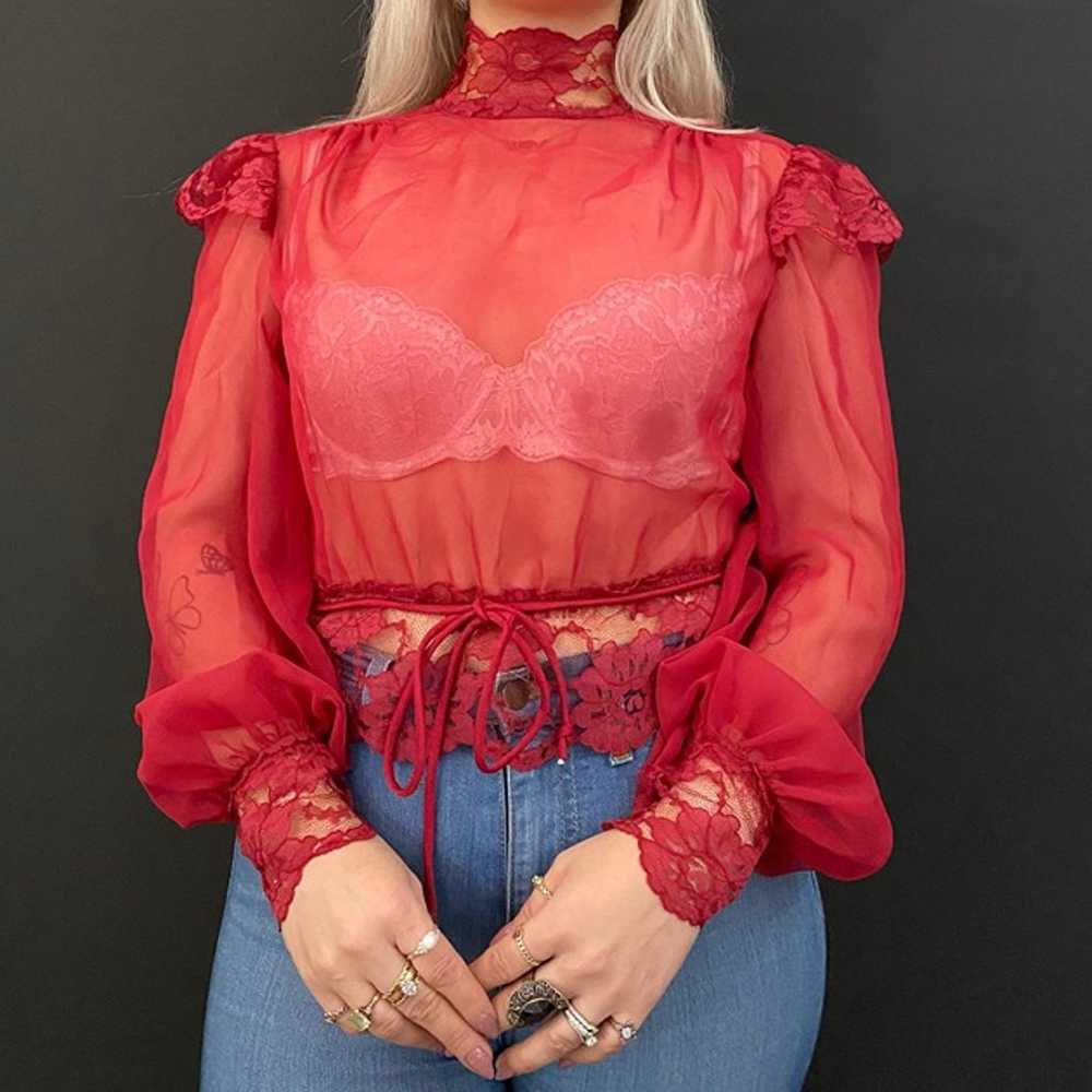 Vintage Red Sheer Lace Long Sleeve Blouse - image 1