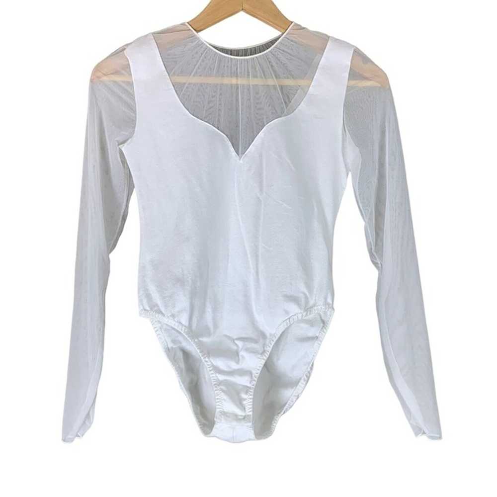 Vintage Leotard Bodysuit White Sheer Sleeves Snap… - image 1