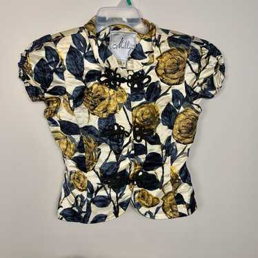 Milly NY 100% Silk Floral Short Sleeve Black Gold… - image 1