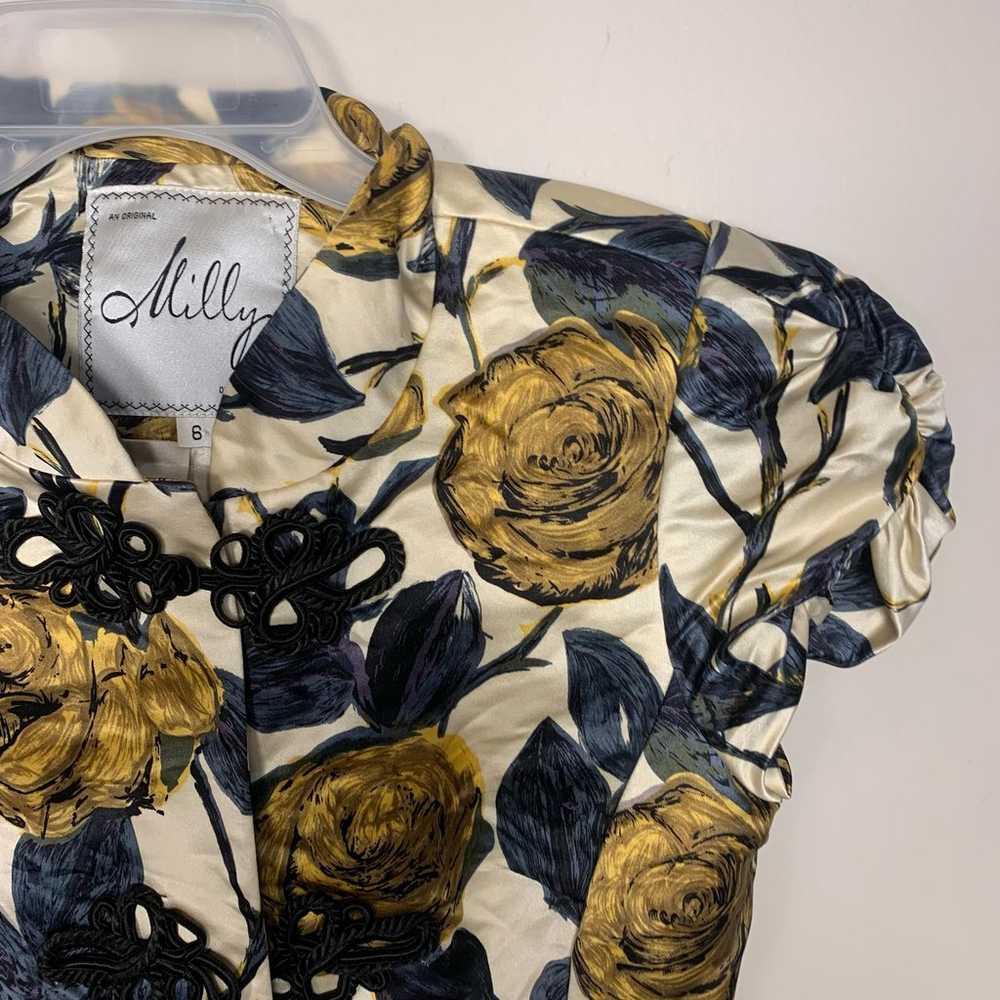 Milly NY 100% Silk Floral Short Sleeve Black Gold… - image 2