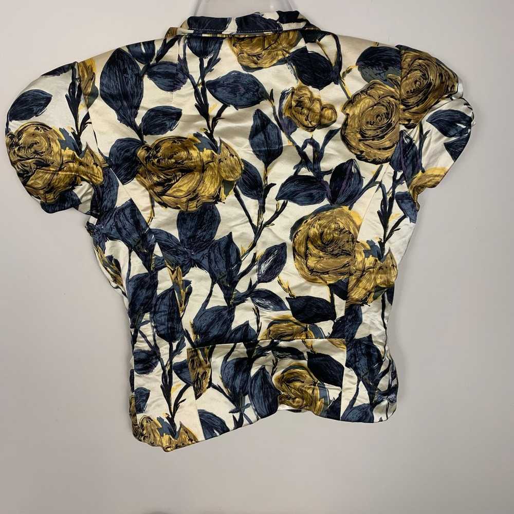 Milly NY 100% Silk Floral Short Sleeve Black Gold… - image 6