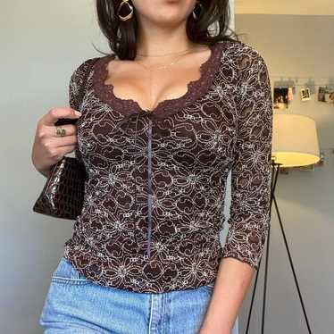 "Moa Moa" Brown V-neck Lace Vintage Top