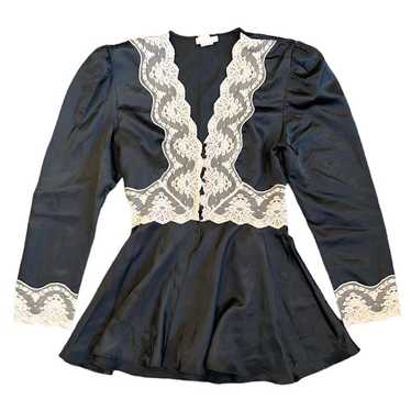 Vintage Blouse Black Satin Cream Lace S Small - image 1