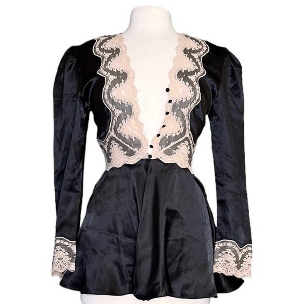 Vintage Blouse Black Satin Cream Lace S Small - image 2