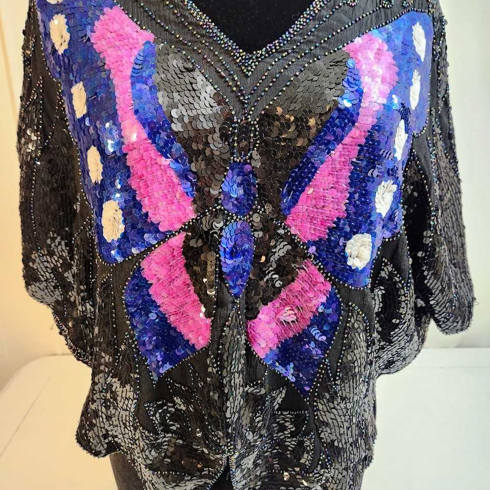 Vintage Sho Max Sequin Butterfly Blouse Black wit… - image 1