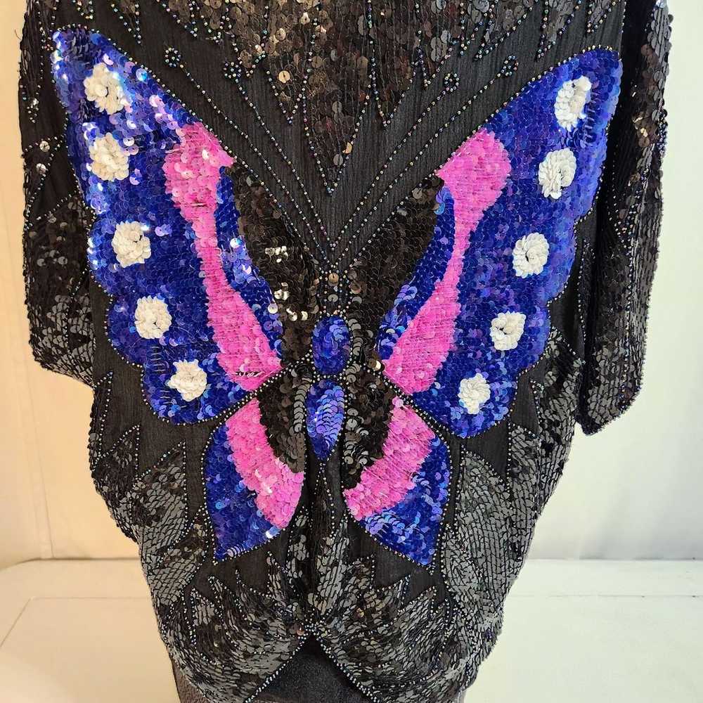 Vintage Sho Max Sequin Butterfly Blouse Black wit… - image 2