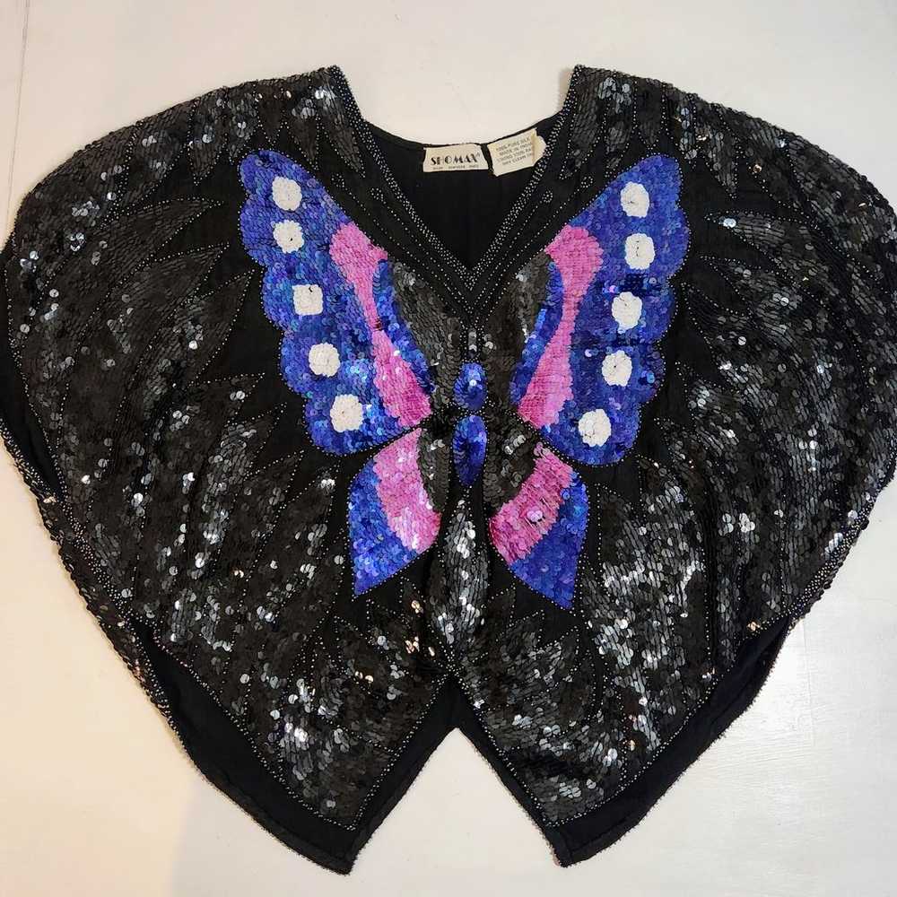 Vintage Sho Max Sequin Butterfly Blouse Black wit… - image 7