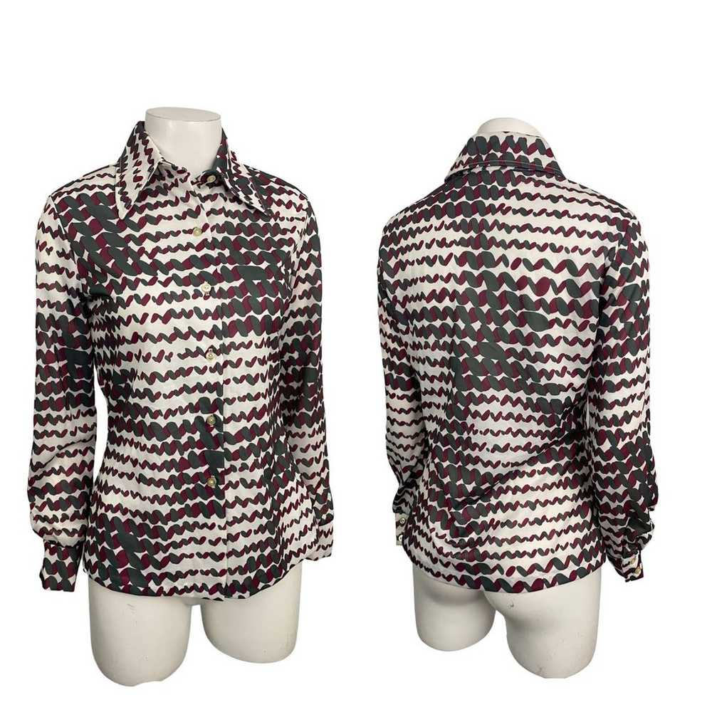 1970s Disco Pop Art Semi Sheer Button Up Blouse /… - image 3