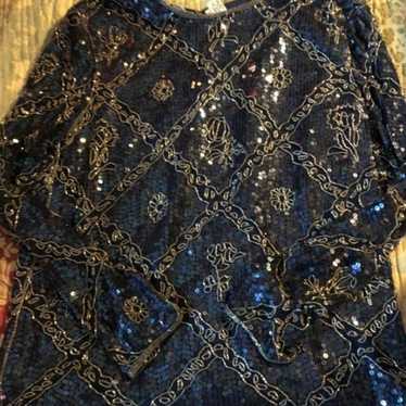 I MAGNIN Blue+Silver Beaded Silk Blouse - image 1