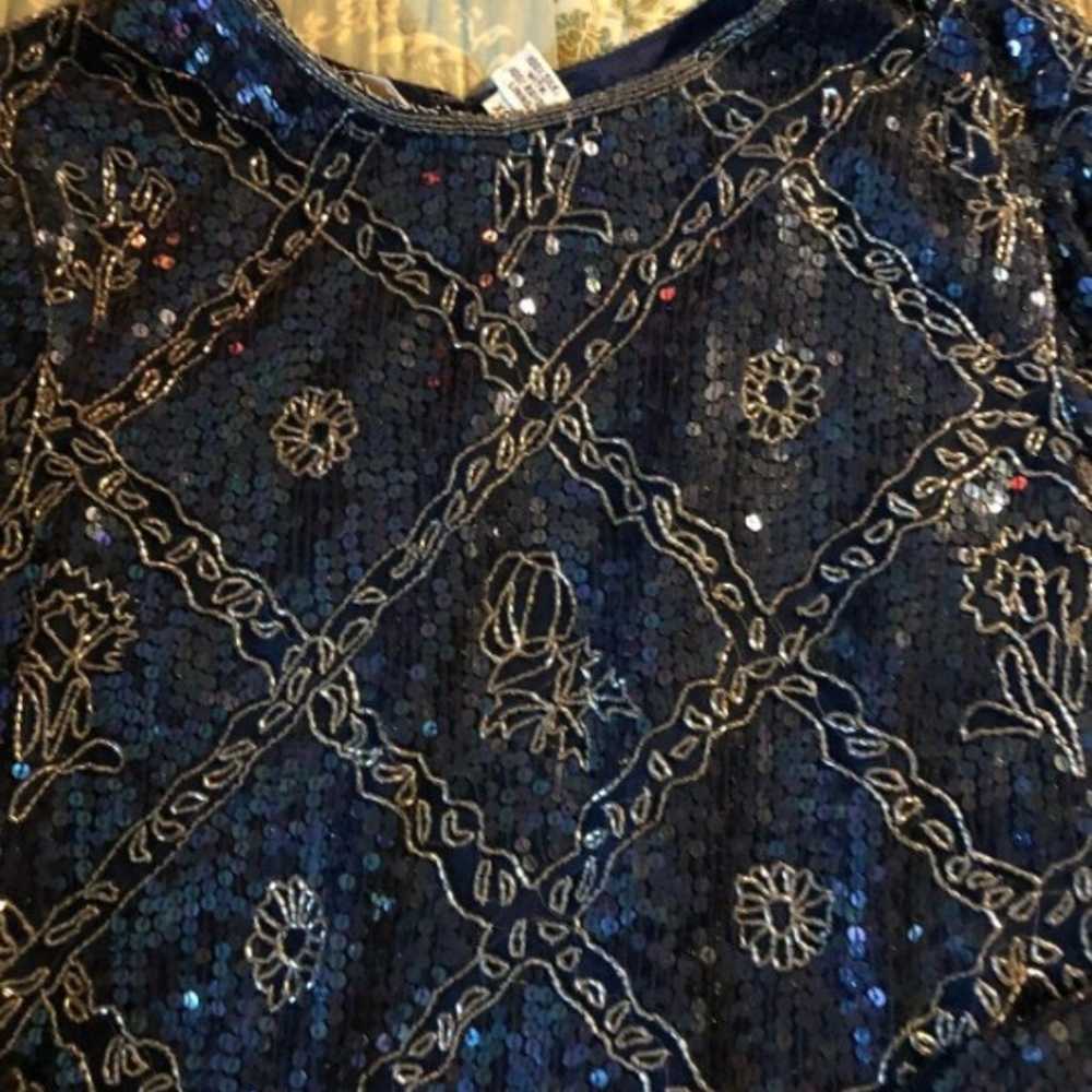 I MAGNIN Blue+Silver Beaded Silk Blouse - image 2