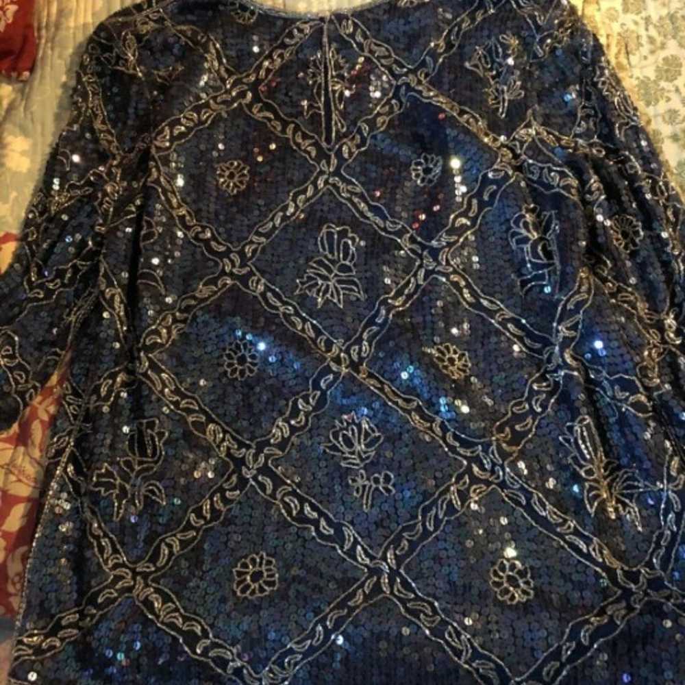 I MAGNIN Blue+Silver Beaded Silk Blouse - image 4