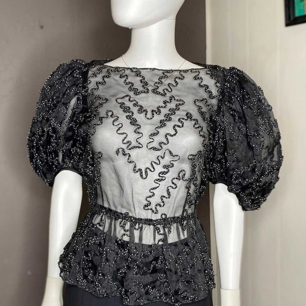 1990's Black Organza Puff Sleeve Top from Carla Z… - image 2