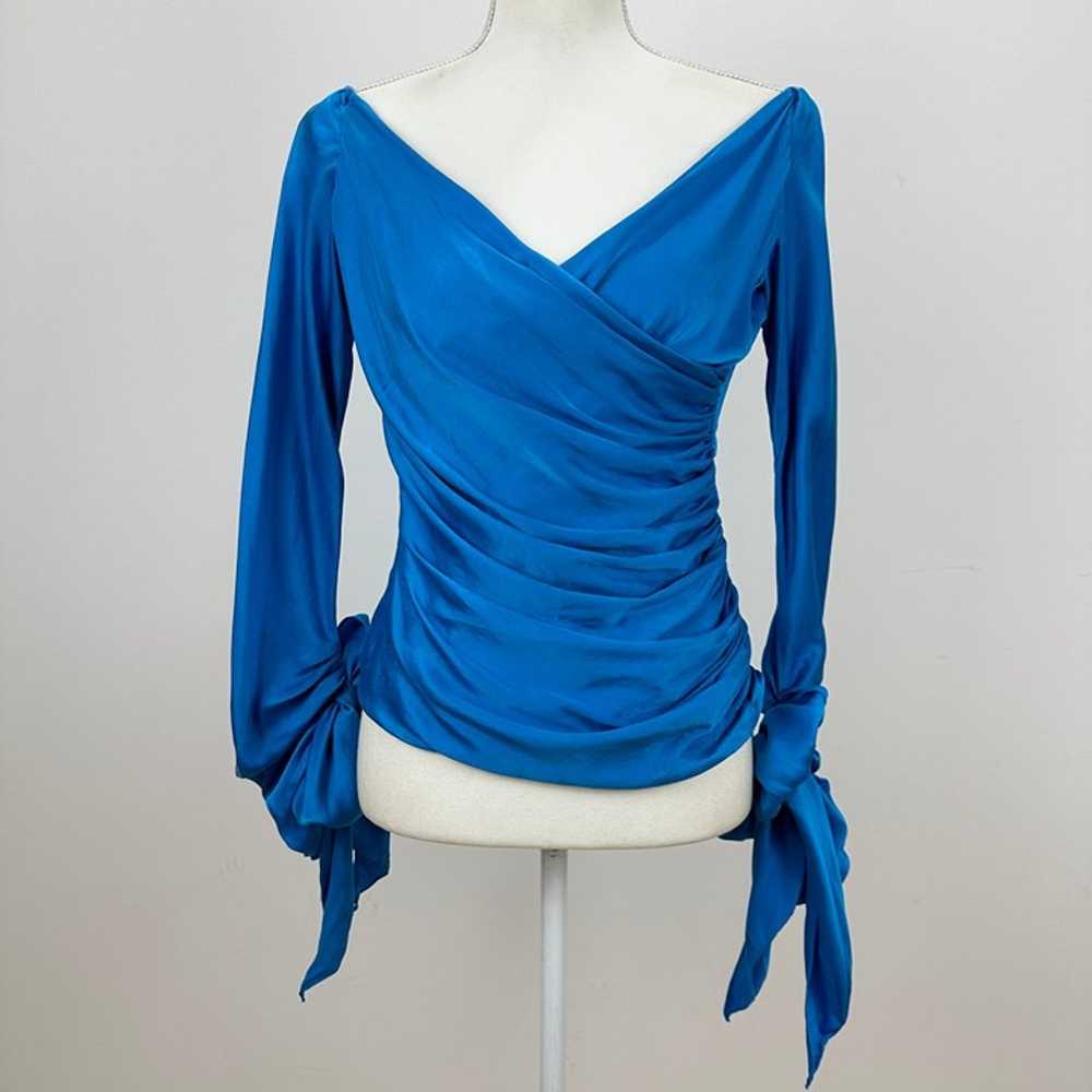 Vintage Pilar Rossi Silk Draped Blouse Blue Satin… - image 1