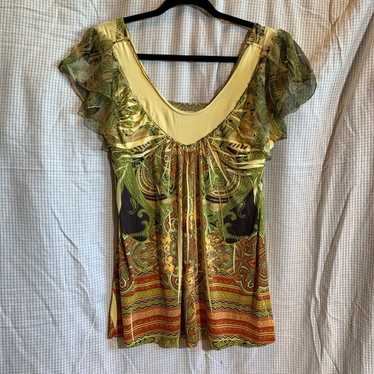 Y2k Vintage Boho Green Patterned Top