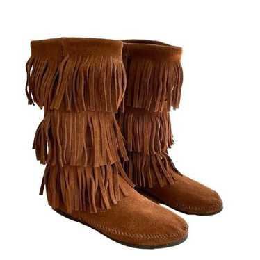 Minnetonka Boot Brown Suede 3-Layer Fringe Flat B… - image 1