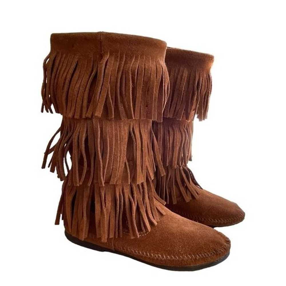 Minnetonka Boot Brown Suede 3-Layer Fringe Flat B… - image 2