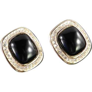 Christian Dior Rhinestone Faux Onyx Cabochon Earr… - image 1