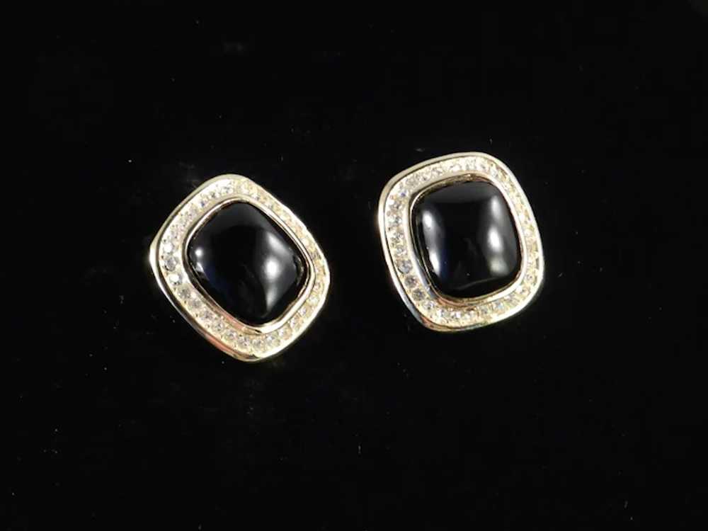 Christian Dior Rhinestone Faux Onyx Cabochon Earr… - image 3