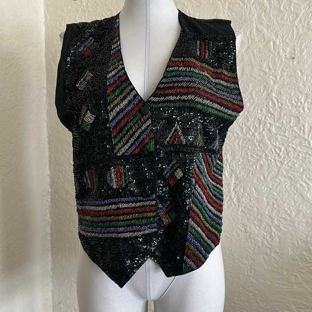 Vintage 90s 80s Beaded Sequin Vest Black Red Yell… - image 1