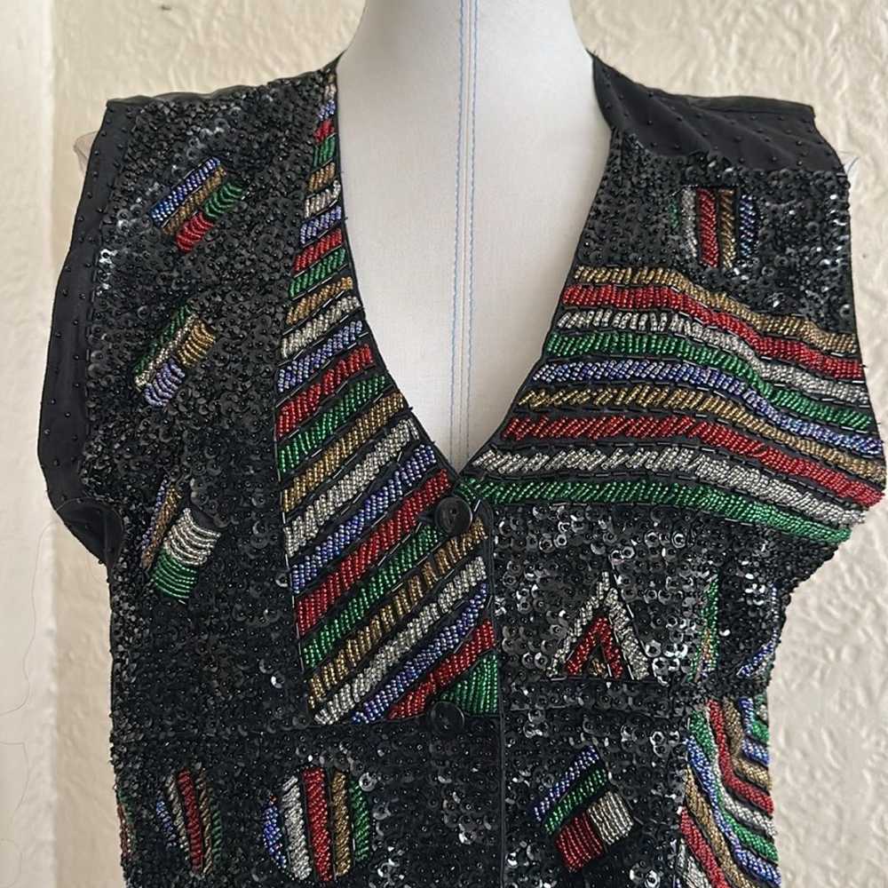 Vintage 90s 80s Beaded Sequin Vest Black Red Yell… - image 2