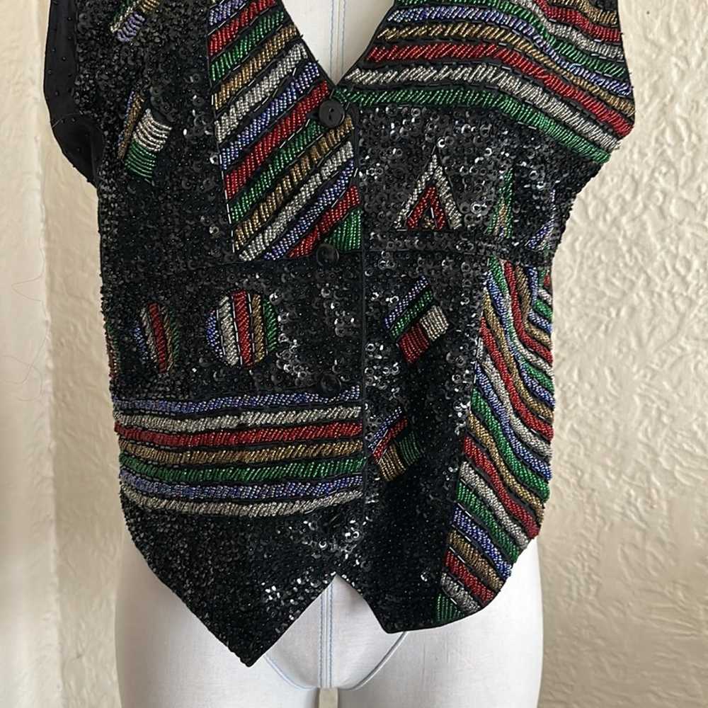 Vintage 90s 80s Beaded Sequin Vest Black Red Yell… - image 3