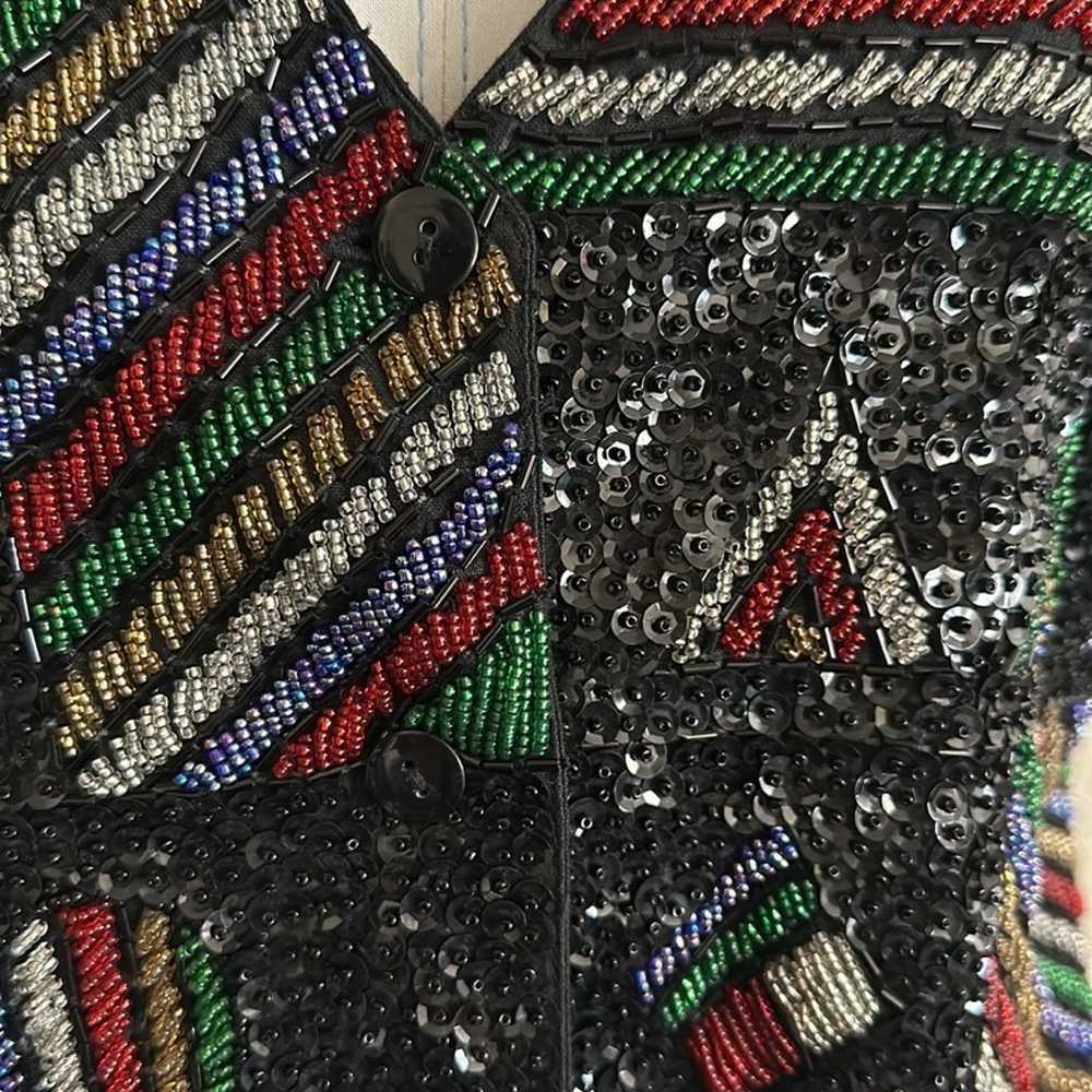 Vintage 90s 80s Beaded Sequin Vest Black Red Yell… - image 4