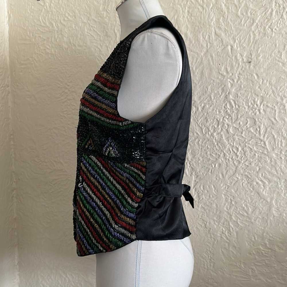 Vintage 90s 80s Beaded Sequin Vest Black Red Yell… - image 5