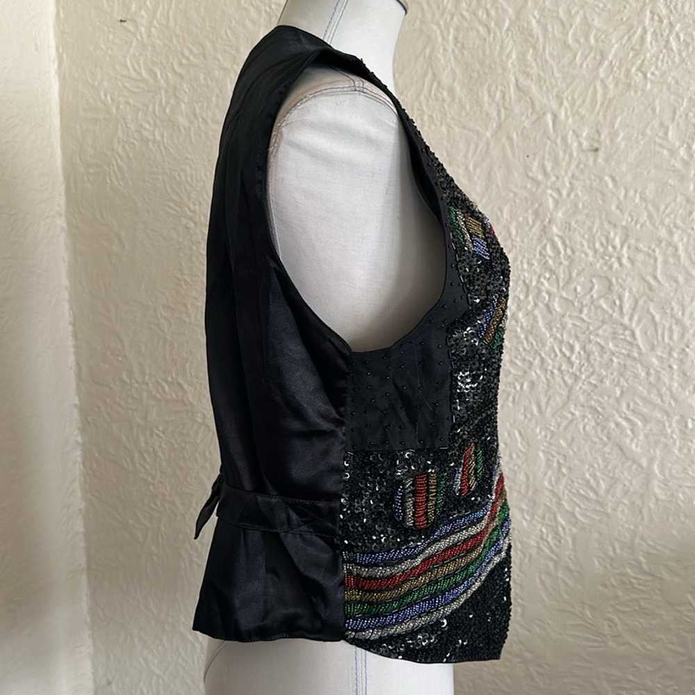 Vintage 90s 80s Beaded Sequin Vest Black Red Yell… - image 7