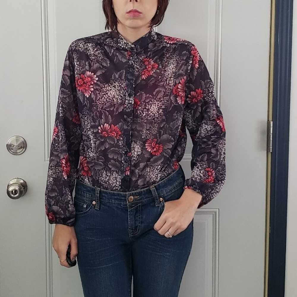 70s Sheer Black Floral Blouse - image 1