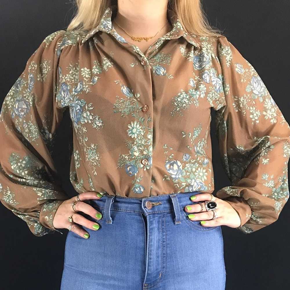 70s/80s Long Sleeve Sheer Floral Button Down Blou… - image 1