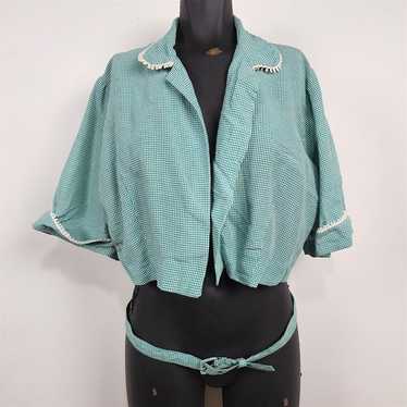 Vintage Cay Artley Teal Plaid Short Sleeve Croppe… - image 1