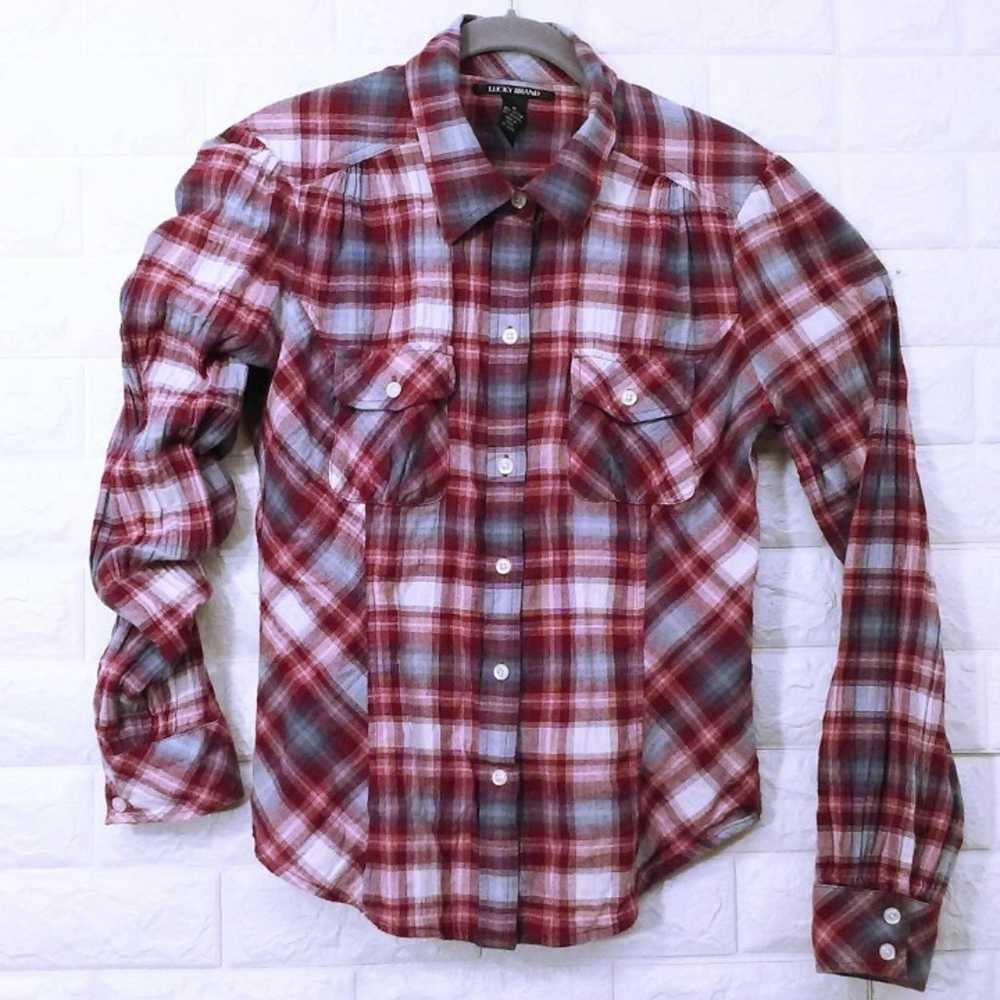 Lucky Brand Plaid Western Blouse Sz-M - image 1