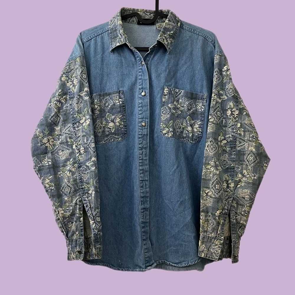 vintage denim floral patchwork button up shirt - image 2