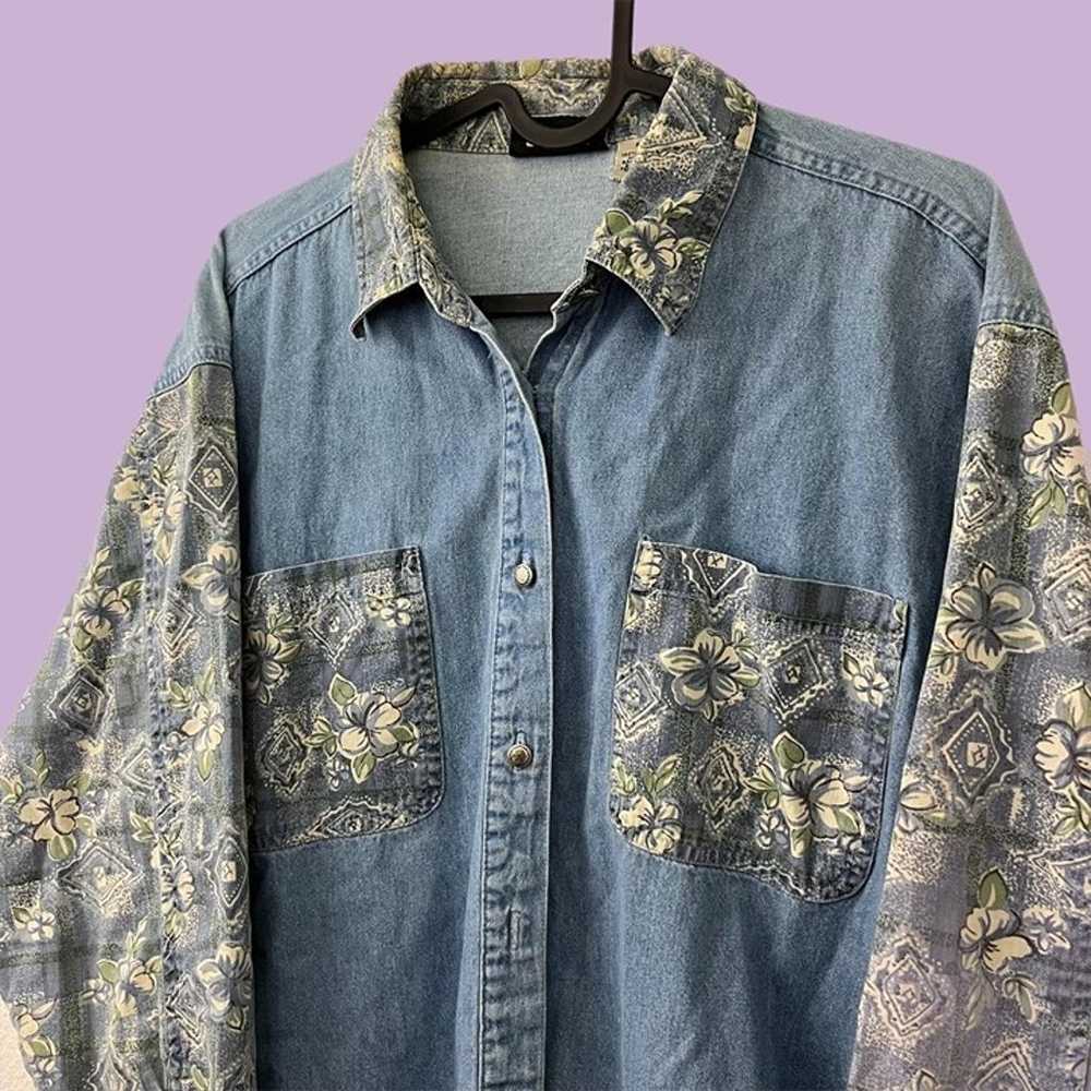 vintage denim floral patchwork button up shirt - image 3