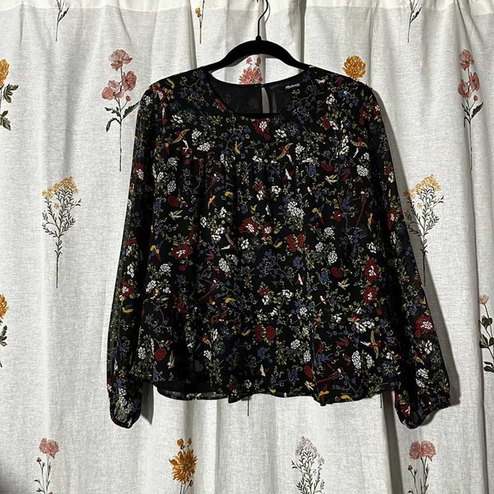 Madewell Finch Floral Ruffle Shirt Birds Black Ch… - image 1