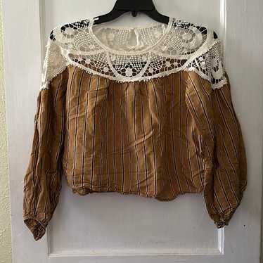 Zara Boho Linen Blend Crochet Long Sleeve Striped… - image 1