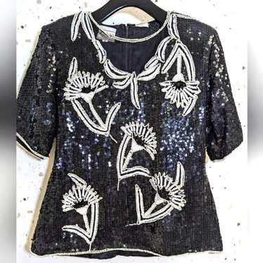 Vintage Stenay Sequin SS Top Black Floral | 250627